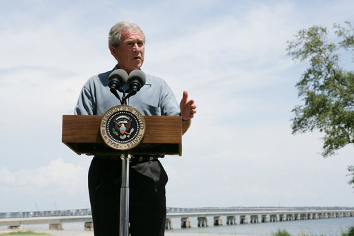 President George W. Bush offers his support in the ongoing rebuilding efforts along the Gulf Coast region, as he speaks Wednesday, Aug. 29, 2007, to the residents of Bay St. Louis, Miss., marking the second anniversary of Hurricane Katrina. White House photo by Chris Greenberg