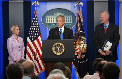 President George W. Bush announces that he has accepted the resignation of Press Secretary Tony Snow and selected Deputy Press Secretary Dana Perino to succeed Mr. Snow as White House Press Secretary Friday, Aug. 31, 2007, in the James S. Brady Press Briefing Room. "Tony Snow informed me he's leaving. And I sadly accept his desire to leave the White House, and he'll do so on September the 14th," said President Bush. White House photo by Chris Greenberg