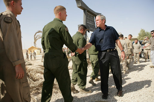President George W. Bush greets U.S. Military personnel at Al Asad Airbase, Al Anbar Province, Iraq, Monday, September 3, 2007. White House photo by Eric Draper