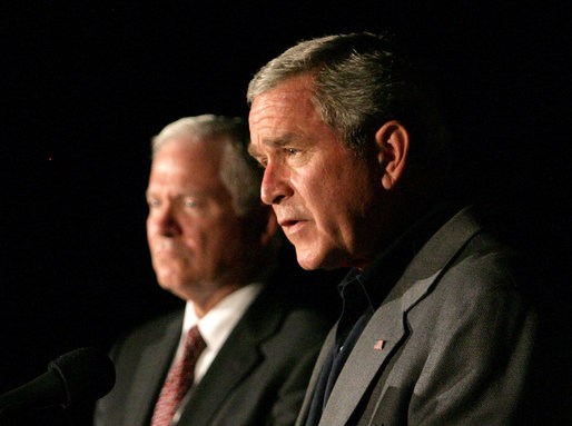 President George W. Bush delivers a statement with Secretary of Defense Robert Gates after his meeting with the Iraqi National Leadership at Al Asad Airbase, Al Anbar Province, Iraq, Monday, September 3, 2007. White House photo by Eric Draper