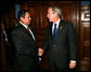 President George W. Bush shakes hands with President Susilo Bambang Yudhoyono as he welcomed the Indonesian leader to a morning meeting Saturday, Sept. 8, 2007, at the InterContinental hotel in Sydney. President Bush thanked his fellow leader for his strength in the struggle against extremism and said, "You understand firsthand what it means to deal with radicalism, and you’ve done it in a very constructive way." White House photo by Eric Draper