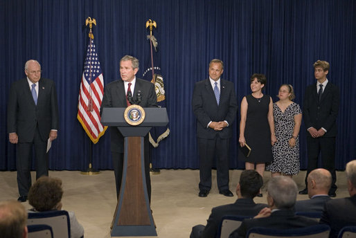 President George W. Bush speaks during the swearing-in ceremony of Jim Nussle as the Director of the Office of Management and Budget in the Dwight D. Eisenhower Executive Office Building Monday, Sept. 10, 2007. Standing with Director Nussle is his wife Karen Nussle, his daughter Sarah and his son Mark. "It's our responsibility to ensure that we run our government wisely and to spend the people's money wisely. Jim Nussle understands that. He also understands that cutting taxes has helped our economy grow," said President Bush. White House photo by Joyce N. Boghosian