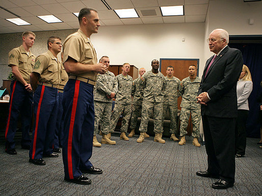 Vice President Dick Cheney talks with U.S. Marine Major Dan Whisnant Friday, Sept. 14, 2007, during a meeting with Marines of Alpha Company, 1st Batallion, 24th Regiment, left, and members of Michigan's Army National Guard, right, at the Gerald R. Ford Library and Museum in Grand Rapids, Mich. The Vice President thanked the troops for their service in Iraq and called their work with Iraqi tribal leaders a "great success story." White House photo by David Bohrer