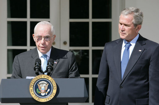 President George W. Bush listens to remarks by Judge Michael Mukasey after announcing his nomination Monday, Sept. 17, 2007, in the Rose Garden, to be the 81st Attorney General of the United States. In thanking the President, Judge Mukasey said, "The department faces challenges vastly different from those it faced when I was an assistant U.S. attorney 35 years ago. But the principles that guide the department remain the same -- to pursue justice by enforcing the law with unswerving fidelity to the Constitution." White House photo by Chris Greenberg