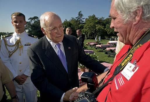 Vice President Dick Cheney talks with Carson George during an event for military support organizations Tuesday, Sept. 18, 2007, on the South Lawn. Mr. George’s son, Lance Cpl. Phillip George, was killed in August of 2005 while serving with the U.S. Marines in Afghanistan. He was posthumously awarded a Purple Heart and a Bronze Star. White House photo by David Bohrer