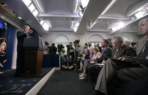 President George W. Bush responds to a reporter's question Thursday, Sept. 20, 2007, during a press conference in the James S. Brady Briefing Room of the White House. White House photo by Eric Draper
