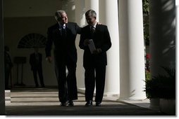 President George W. Bush and Secretary of Agriculture Mike Johanns leave the Rose Garden Thursday, Sept. 20, 2007, after the President announced Mr. Johann's resignation and the Secretary's decision to return to his home state of Nebraska. "Mike has been an outstanding member of my Cabinet," said President Bush. "I thank him from the bottom of my heart for leaving a state he loves to come here to Washington, D.C." White House photo by Eric Draper