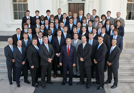 President George W. Bush stands with members of Johns Hopkins University Men's Lacrosse Championship Team Friday, Sept. 21, 2007, at the White House during a photo opportunity with the 2006 and 2007 NCAA Sports Champions. White House photo by Eric Draper