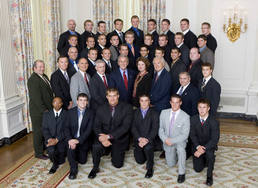 President George W. Bush stands with members of the University of Minnesota Golden Gopher Wrestling Championship Team Friday, Sept. 21, 2007, at the White House during a photo opportunity with the 2006 and 2007 NCAA Sports Champions. White House photo by Chris Greenberg