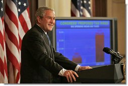 President George W. Bush discusses the federal budget Monday, Sept. 24, 2007, in the Dwight D. Eisenhower Executive Office Building. "This is an important time for our economy. For nearly six years we've enjoyed uninterrupted economic growth. Since August 2003, the economy has added more than 8.2 million jobs," said President Bush. "Productivity is growing, and that's translating into larger paychecks for American workers. Unemployment is low, inflation is low, and opportunity abounds. The entrepreneurial spirit is strong."  White House photo by Joyce N. Boghosian