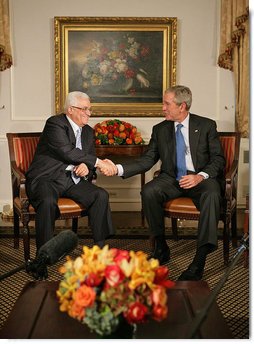 President George W. Bush meets with Palestinian Prime Minister Mahmoud Abbas Monday, Sept. 24, 2007, in New York. "I strongly support the creation of a Palestinian state. I believe it's in the interests of the Palestinian people, I believe it's in the interests of Israel to have a democracy living side-by -- democracies living side-by-side in peace," said President Bush to the press. White House photo by Eric Draper