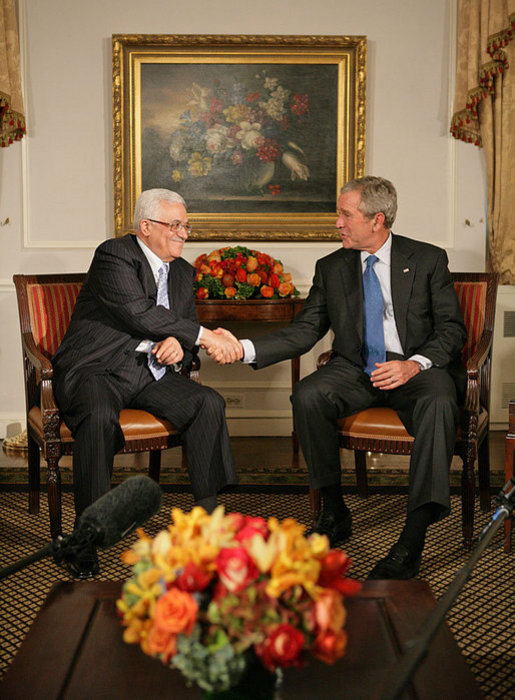 President George W. Bush meets with Palestinian Prime Minister Mahmoud Abbas Monday, Sept. 24, 2007, in New York. "I strongly support the creation of a Palestinian state. I believe it's in the interests of the Palestinian people, I believe it's in the interests of Israel to have a democracy living side-by -- democracies living side-by-side in peace," said President Bush to the press. White House photo by Eric Draper