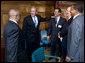 President George W. Bush pauses with fellow heads of state following a Roundtable on Democracy Tuesday, Sept. 25, 2007, at the United Nations in New York. From left are: President Festus Gontebanye Mogae of the Republic of Botswana; President Bush; President Leonel Fernandez of the Dominican Republic; Secretary of State for Foreign Relations Carlos Morales Troncoso of the Dominican Republic, and President Jakaya Kikwete of the United Republic of Tanzania. White House photo by Eric Draper