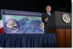 President George W. Bush addresses the Major Economies Meeting on Energy Security and Climate Change Friday, Sept. 28, 2007, at the U.S. State Department. "Our guiding principle is clear: We must lead the world to produce fewer greenhouse gas emissions, and we must do it in a way that does not undermine economic growth or prevent nations from delivering greater prosperity for their people," said President Bush. White House photo by Chris Greenberg
