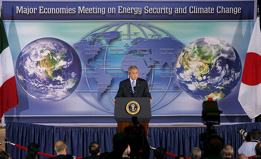 President George W. Bush addresses the Major Economies Meeting on Energy Security and Climate Change Friday, Sept. 28, 2007, at the U.S. State Department. "The nations in this room have special responsibilities," said the President. "We represent the world's major economies, we are major users of energy, and we have the resources and knowledge base to develop clean energy technologies." White House photo by Chris Greenberg