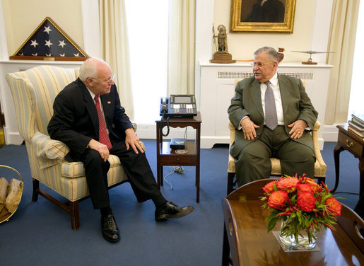 Vice President Dick Cheney meets with President Jalal Talabani of Iraq, Wednesday, Oct. 3, 2007, in the West Wing of the White House. White House photo by David Bohrer