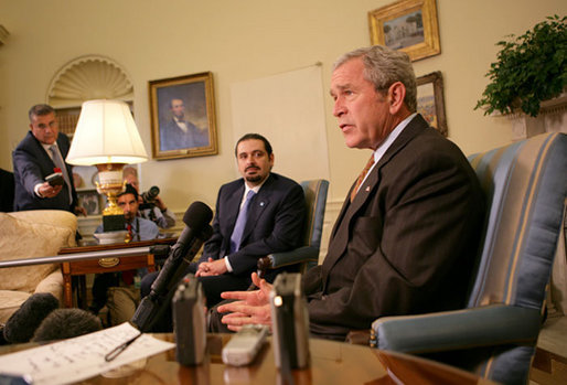 President George W. Bush speaks with members of the press during a meeting with Saad Hariri, the leader of the Parliamentary Majority in Lebanon, Thursday, Oct. 4, 2007 in the Oval Office. White House photo by Eric Draper