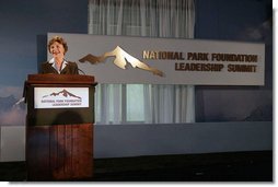 Mrs. Laura Bush addresses the National Park Foundation's Leadership Summit on Partnership and Philanthropy Monday, Oct. 15, 2007, in Austin, Texas. "Through its 40 years of stewardship, the National Park Foundation has helped preserve these magnificent places for future generations," said Mrs. Bush. "Through educational programs and public awareness campaigns, the Foundation has encouraged millions of Americans to discover our natural and historical treasures." White House photo by Shealah Craighead