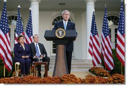 President George W. Bush addresses members of the media in the Rose Garden at the White House Tuesday, Oct. 16, 2007, following a meeting of the President's Commission on Care for America's Returning Wounded Warriors. President Bush, joined by commission co-chairs former Health and Human Services Secretary Donna Shalala and former U.S. Senator Bob Dole, said "My administration strongly supports the commission's recommendations." White House photo by Chris Greenberg