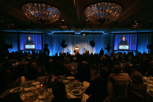 Mrs. Laura Bush addresses the National Park Foundation's Leadership Summit on Partnership and Philanthropy Inaugural Founders Award Dinner Monday, Oct. 15, 2007, in Austin, Texas. "Through the First Bloom program, the Foundation and the National Park Service will join with the Wildflower Center and community groups like the Boys and Girls Clubs to connect young people to our national parks," said Mrs. Bush. "First Bloom will take children on visits to national parks near their homes, introducing them to plant species native to their area." White House photo by Shealah Craighead