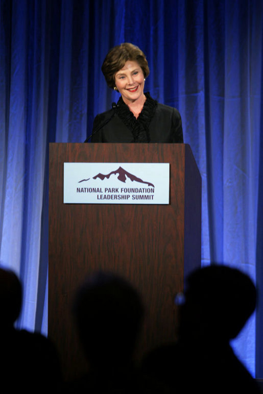 Mrs. Laura Bush addresses the National Park Foundation's Leadership Summit on Partnership and Philanthropy Inaugural Founders Award Dinner Monday, Oct. 15, 2007, in Austin, Texas. "Lady Bird Johnson wanted every American to experience the magic of our national parks. She made park preservation a priority of her husband's administration," said Mrs. Bush. "She championed the National Historic Preservation Act, which President Johnson signed 41 years ago today. The Act launched the first coordinated federal effort to safeguard our country's heritage, and has led to four decades of terrific preservation work throughout the United States." White House photo by Shealah Craighead
