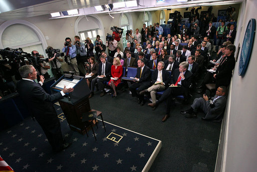 President George W. Bush holds a press conference Wednesday, Oct. 17, 2007, in the James S. Brady Press Briefing Room. "Congress has work to do on the budget. One of Congress's basic duties is to fund the day-to-day operations of the federal government," said President Bush. "Yet Congress has not sent me a single appropriations bill." White House photo by Eric Draper