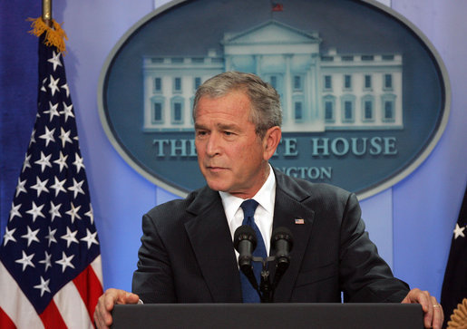President George W. Bush holds a press conference Wednesday, Oct. 17, 2007, in the James S. Brady Press Briefing Room. "Congress has work to do for our military veterans," said President Bush. "Yesterday I sent Congress legislation to implement the Dole-Shalala commission's recommendations that would modernize and improve our system of care for wounded warriors. Congress should consider this legislation promptly so that those injured while defending our freedom can get the quality care they deserve." White House photo by Chris Greenberg