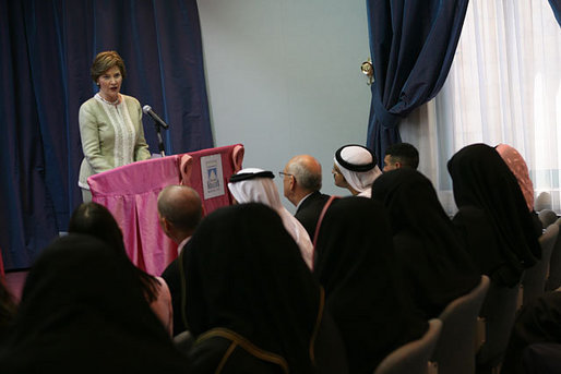 Mrs. Laura Bush delivers remarks regarding the U.S.-Middle East partnership on breast cancer awareness and research Monday, Oct. 22, 2007, at the Sheikh Khalifa Medical Center in Abu Dhabi, United Arab Emirates. White House photo by Shealah Craighead