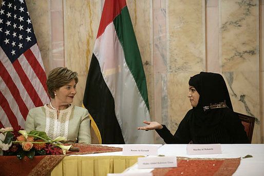 Mrs. Laura Bush talks with Basmah Zeyoudi during a roundtable discussion with young Arab women leaders Monday, Oct. 22, 2007, in Abu Dhabi, United Arab Emirates. Moderating the discussion is U.S. Ambassador Michele Sison. White House photo by Shealah Craighead