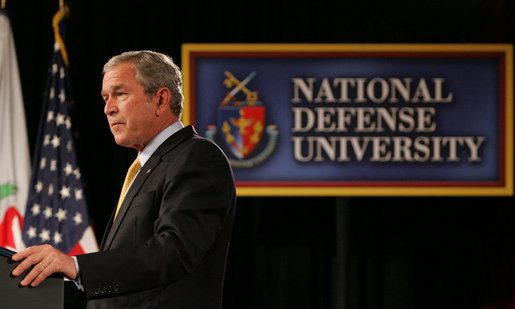President George W. Bush addresses the National Defense University's Distinguished Lecture Program Tuesday, Oct. 23, 2007, in Washington, D.C. Said the President, "All of you who wear the uniform are helping to protect this country, and the United States of America is grateful for your service." White House photo by Chris Greenberg