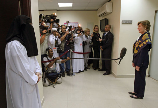 Mrs. Laura Bush addresses the press after touring the Abdullatif Cancer Screening Center Tuesday, Oct. 23, 2007, in Riyadh. Said Mrs. Bush, "This is a great model for other parts of Saudi Arabia. Because of regular screenings, people can discover a cancer early before it's in such an advanced stage that it's hard to cure." White House photo by Shealah Craighead