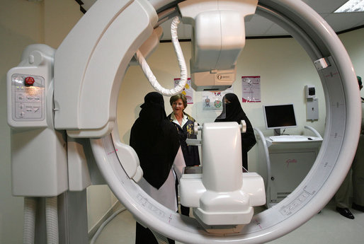Mrs. Laura Bush tours the Abdullatif Cancer Screening Center Tuesday, Oct. 23, 2007, in Riyadh. Dr. Huda Abdulkareem, Head of the Hematology/Oncology Unit at King Khalid University Hospital, leads the tour. White House photo by Shealah Craighead