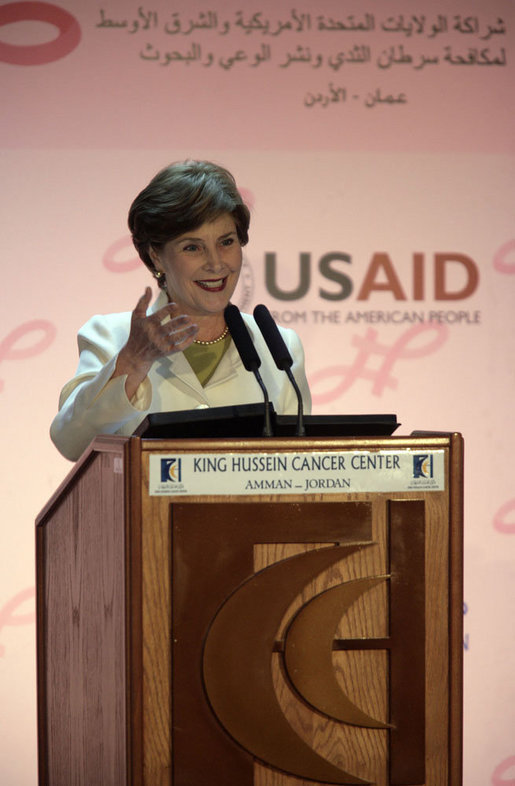 Mrs. Laura Bush delivers remarks regarding the U.S.-Middle East Partnership Initiative for Breast Cancer Awareness and Research after touring the King Hussein Medical Center Thursday, Oct. 25, 2007, in Amman, Jordan. "Over the next quarter-century, an estimated 25 million women around the world will be diagnosed with breast cancer," said Mrs. Bush. "People from every country must share their knowledge, resources and experience, because this disease affects women in every country." White House photo by Shealah Craighead
