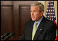 President George W. Bush delivers a statement on appropriations Friday, Oct. 26, 2007, in the Roosevelt Room of the White House. Taking a moment to talk about his trip Thursday to California, the President said, "While I was there I saw the terrible destruction and heartbreaking loss. Yet I was also encouraged by the spirit I found -- the families determined to rebuild, the volunteers who stepped forward to help neighbors in need, and the first responders who have shown such courage." White House photo by Chris Greenberg