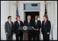 President George W. Bush addresses his remarks, Tuesday, October 30, 2007, on the North Portico steps of the White House after meeting with the House Republican Conference. Standing with the President are members of the House Republican leadership from left, Rep. Eric Cantor of Virginia., House Minority Whip Roy Blunt of Missouri, House Minority Leader John Boehner of Ohio and Rep. Adam Putnam of Florida. White House photo by Joyce N. Boghosian