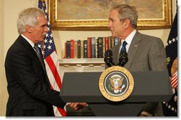 President George W. Bush shakes hands with former North Dakota Gov. Edward Schafer, his nominee for Secretary of Agriculture, during an afternoon announcement Wednesday, Oct. 31, 2007, in the Roosevelt Room of the White House. White House photo by Chris Greenberg