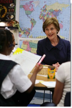 Mrs. Laura Bush visits with students at the Good Shepherd Nativity Mission School, Thursday, Nov. 1, 2007 in New Orleans, a Helping America's Youth visit with Big Brother and Big Sisters of Southeast Louisiana. Mrs. Bush thanked the group saying,"We know that positive role models are essential to young people's success." White House photo by Shealah Craighead