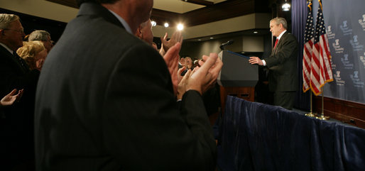 President George W. Bush acknowledges a standing ovation Thursday, Nov. 1, 2007, during his Remarks on the Global War on Terror to the Heritage Foundation in Washington, D.C. Founded in 1973, the Heritage Foundation is a think tank whose mission is to formulate and promote conservative public policies based on the principles of free enterprise, limited government, individual freedom, traditional American values, and a strong national defense. White House photo by Chris Greenberg