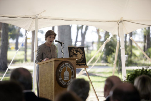 Mrs. Laura Bush delivers remarks during the announcement of the Coastal Ecosystem Learning Center Designation and Marine Debris Initiative at the University of Southern Mississippi in Ocean Springs, Miss. Said Mrs. Bush, "Whether we live on the shore or not, all of us have the obligation to care for these amazing natural resources." White House photo by Shealah Craighead