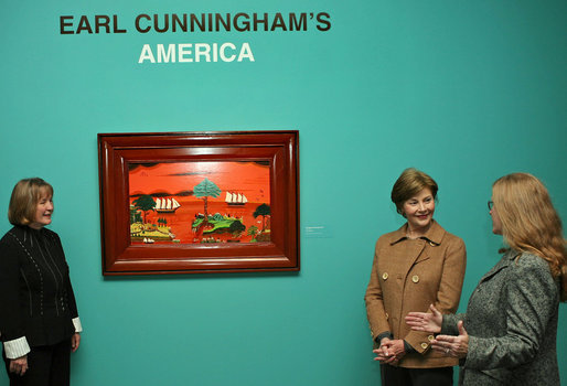 Mrs. Laura Bush tours the exhibit, “Earl Cunningham’s America,” with Director Dr. Betsy Broun, left, and Senior Curator Virginia Mecklenburg, at the Smithsonian American Art Museum Monday, Nov. 5, 2007, in Washington, D.C. White House photo by Shealah Craighead