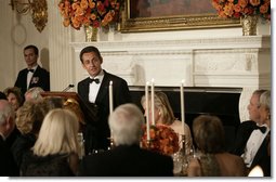 President Nicolas Sarkozy offers a toast during dinner in his honor Tuesday, Nov. 6, 2007, at the White House. Said the French President, ". I say the following words from the bottom of my heart: Long live Franco-American friendship. Long live the United States. Long live France." White House photo by Eric Draper
