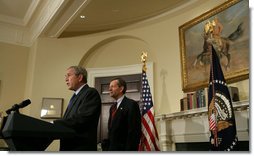 With Secretary Mike Leavitt of the Department of Health and Human Services looking on, President George W. Bush delivers a statement on Import Safety Tuesday, Nov. 6, 2007, in the Roosevelt Room of the White House. Said the President, ".we need to do more to ensure that American families have confidence in what they find on our store shelves. They have the right to expect the food they eat, or the medicines they take, or the toys they buy for their children to be safe." White House photo by Chris Greenberg
