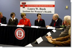 Mrs. Laura Bush listens to Chancellor Kent Hance during a roundtable discussion with members of Texas Tech University, TTU Health and Science Center, and the Laura W. Bush Institute for Women's Health Wednesday, Nov. 7, 2007, in Amarillo, Texas. Mrs. Bush is sitting with, from left, Dr. John Baldwin, Erin Thurston, and Dr. Marjorie Jenkins. White House photo by Shealah Craighead