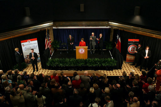 Mrs. Laura Bush delivers remarks during the announcement of the Jenna Welch Women's Center at Texas Tech - Permian Basin Campus Wednesday, Nov. 7, 2007, in Midland, Texas. Mrs. Bush is joined on stage by Speaker Tom Craddick of the Texas House of Representatives, left, Dr. John Jennings, center, and Texas Tech University Chancellor Kent Hance. White House photo by Shealah Craighead