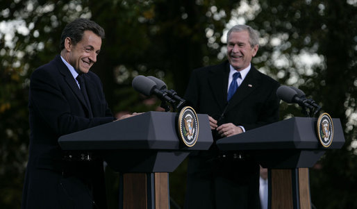 President George W. Bush shares a laugh with President Nicolas Sarkozy of France as they participate in a joint press availability Wednesday, Nov. 7, 2007, at Mount Vernon, Va. White House photo by Eric Draper