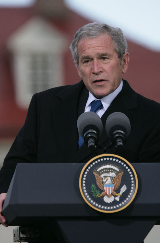 President George W. Bush responds to a question Wednesday, Nov. 7, 2007, during a joint press availability with President Nicolas Sarkozy of France at Mount Vernon. Said the President, "I can't thank the President enough for his willingness to stand with young democracies as they struggle against extremists and radicals.France's voice is important and it's clear that the human rights of every individual are important to the world." White House photo by Chris Greenberg