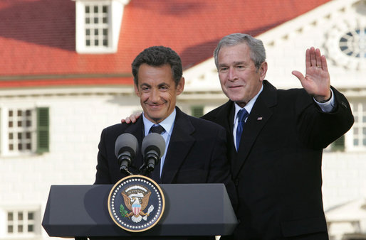 President George W. Bush and President Nicolas Sarkozy of France, shake hands after a joint press availability Wednesday, Nov. 7, 2007, at Mount Vernon, Va. Their meeting at the historic landmark came on the second day of the French leader's visit to the United States. White House photo by Chris Greenberg