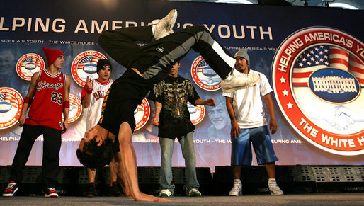After Mrs. Laura Bush addressed the conference, members of the YA Crew perform a dance routine Thursday, Nov. 8, 2007, at Dallas Baptist University in Dallas. "The work that you do in your neighborhoods -- helping young people build the knowledge and the self-respect they need to build successful lives -- is at the heart of Helping America's Youth," said Mrs. Bush in her remarks. White House photo by Shealah Craighead