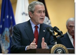 President George W. Bush delivers a statement after visiting the Center for The Intrepid at the Brooke Army Medical Center in San Antonio, Texas, Thursday, Nov. 8, 2007. " The servicemen and women here have borne the burdens of battle. They have kept our country safe. We honor them and their families by helping them with all we can." White House photo by Eric Draper