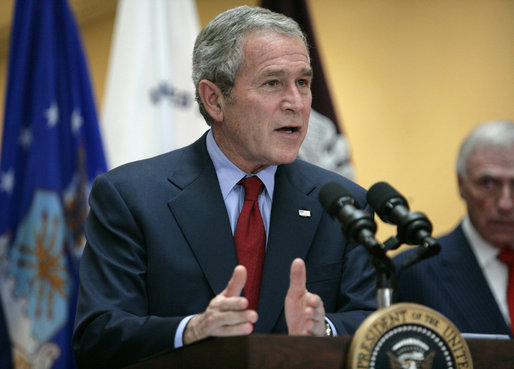 President George W. Bush delivers a statement after visiting the Center for The Intrepid at the Brooke Army Medical Center in San Antonio, Texas, Thursday, Nov. 8, 2007. " The servicemen and women here have borne the burdens of battle. They have kept our country safe. We honor them and their families by helping them with all we can." White House photo by Eric Draper